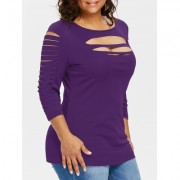 Plus Size Ladder Ripped Cut Front T-shirt (PURPLE IRIS)