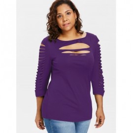 Plus Size Ladder Ripped Cut Front T-shirt (PURPLE IRIS)