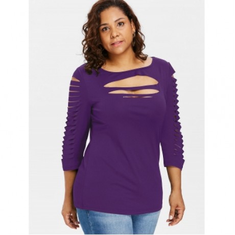 Plus Size Ladder Ripped Cut Front T-shirt (PURPLE IRIS)