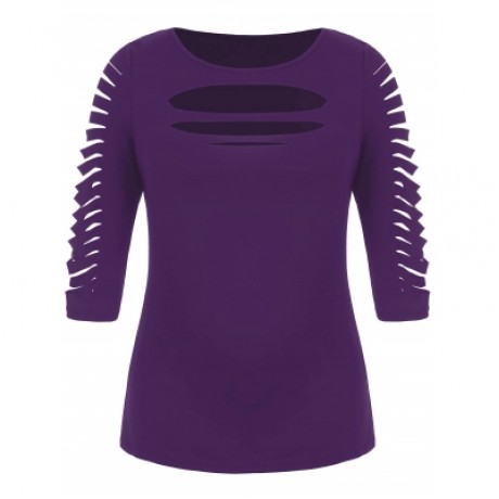 Plus Size Ladder Ripped Cut Front T-shirt (PURPLE IRIS)