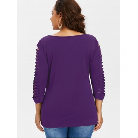 Plus Size Ladder Ripped Cut Front T-shirt (PURPLE IRIS)