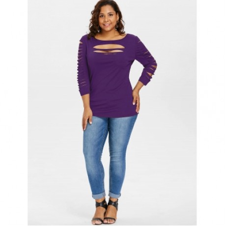 Plus Size Ladder Ripped Cut Front T-shirt (PURPLE IRIS)