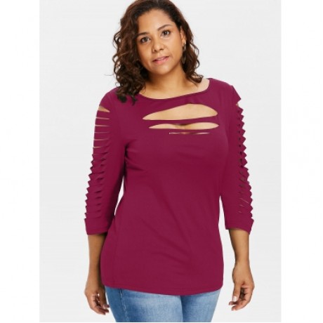 Plus Size Ladder Ripped Cut Front T-shirt (ROSE RED)