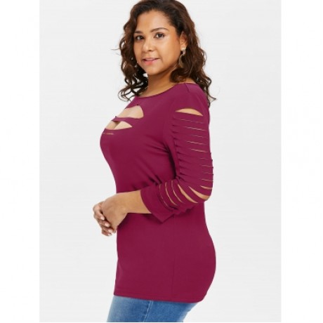 Plus Size Ladder Ripped Cut Front T-shirt (ROSE RED)