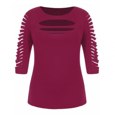 Plus Size Ladder Ripped Cut Front T-shirt (ROSE RED)
