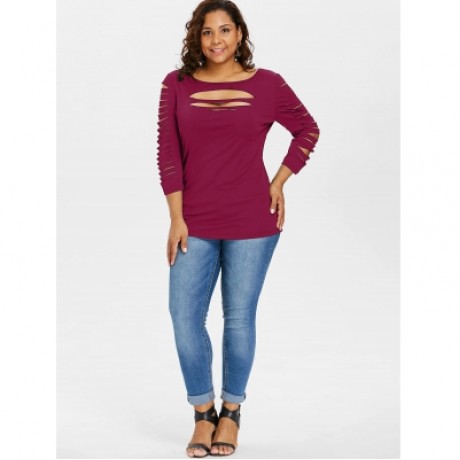 Plus Size Ladder Ripped Cut Front T-shirt (ROSE RED)