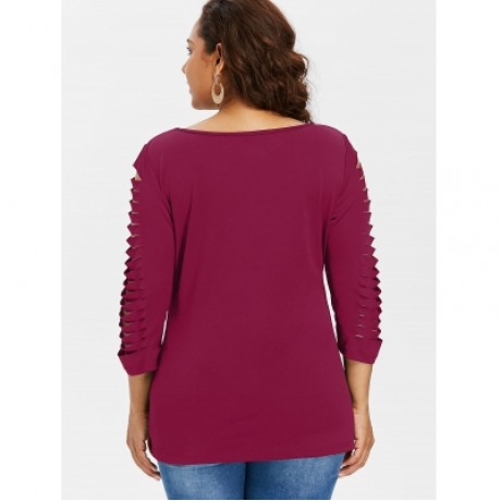 Plus Size Ladder Ripped Cut Front T-shirt (ROSE RED)