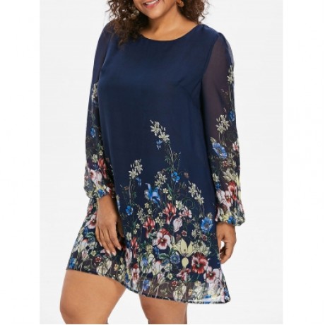 Plus Size Mini Flower Print Dress (CADETBLUE)