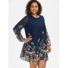 Plus Size Mini Flower Print Dress (CADETBLUE)