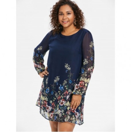 Plus Size Mini Flower Print Dress (CADETBLUE)