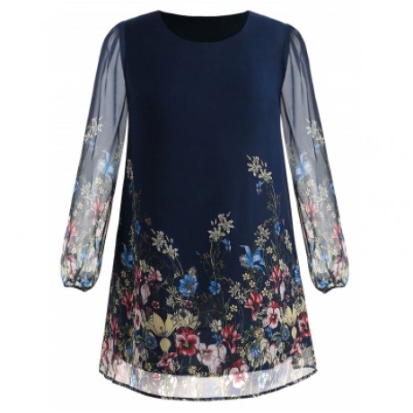Plus Size Mini Flower Print Dress (CADETBLUE)