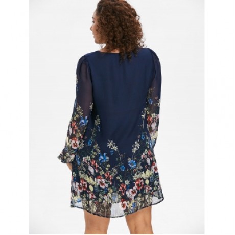 Plus Size Mini Flower Print Dress (CADETBLUE)