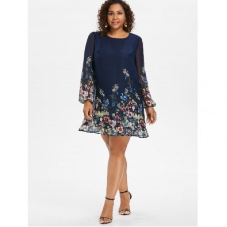 Plus Size Mini Flower Print Dress (CADETBLUE)