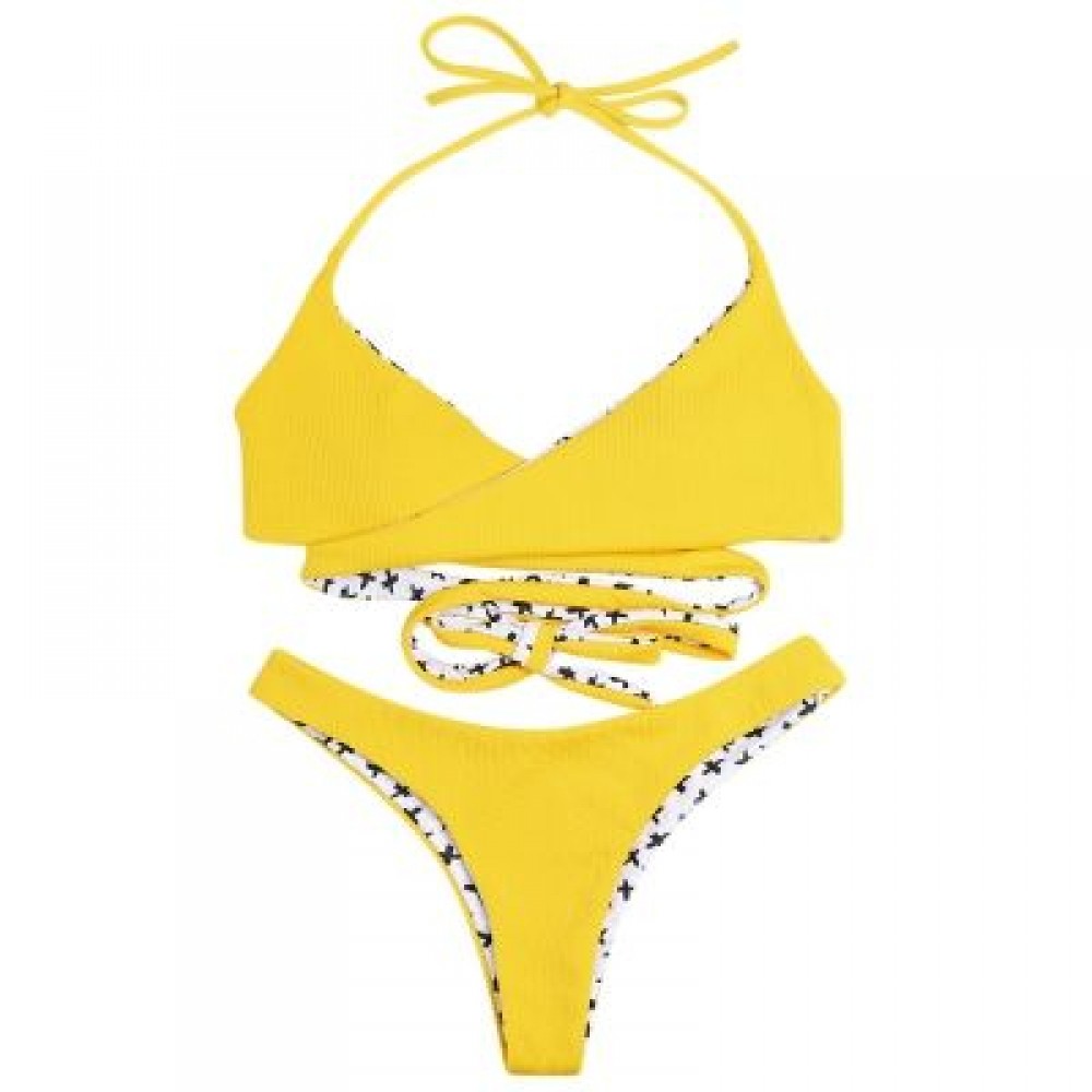 Halter Neck Backless Padded Criss-cross Strap Low Waist Women Bikini Set (CORN YELLOW)