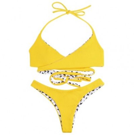 Halter Neck Backless Padded Criss-cross Strap Low Waist Women Bikini Set (CORN YELLOW)