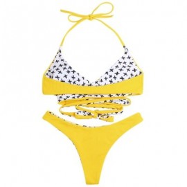 Halter Neck Backless Padded Criss-cross Strap Low Waist Women Bikini Set (CORN YELLOW)