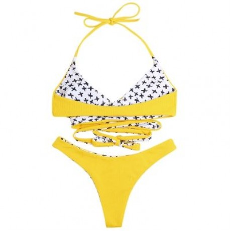 Halter Neck Backless Padded Criss-cross Strap Low Waist Women Bikini Set (CORN YELLOW)