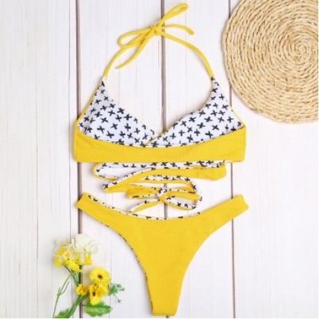 Halter Neck Backless Padded Criss-cross Strap Low Waist Women Bikini Set (CORN YELLOW)