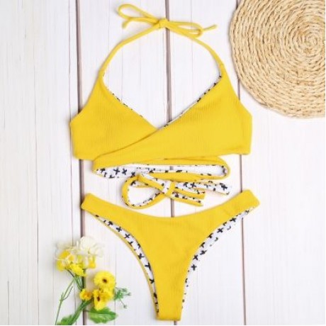 Halter Neck Backless Padded Criss-cross Strap Low Waist Women Bikini Set (CORN YELLOW)