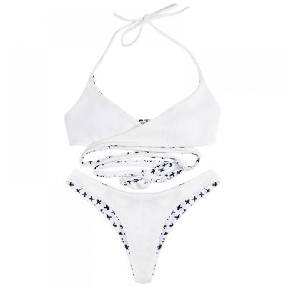 Halter Neck Backless Padded Criss-cross Strap Low Waist Women Bikini Set (MILK WHITE)