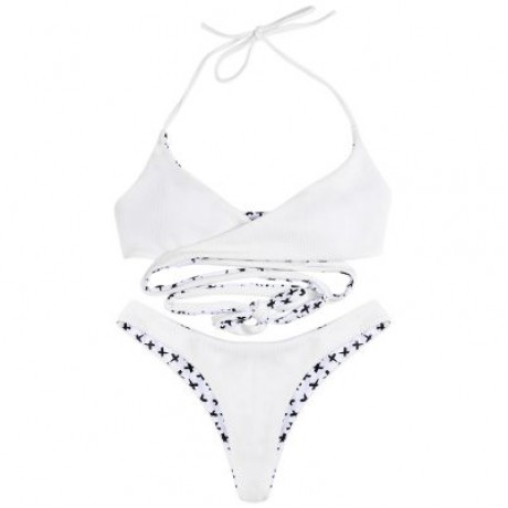 Halter Neck Backless Padded Criss-cross Strap Low Waist Women Bikini Set (MILK WHITE)