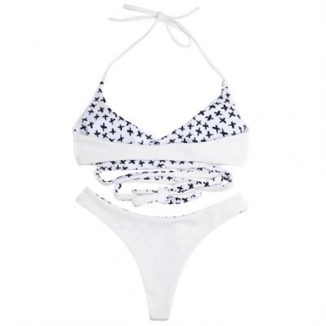 Halter Neck Backless Padded Criss-cross Strap Low Waist Women Bikini Set (MILK WHITE)