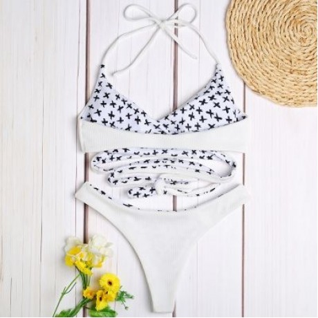 Halter Neck Backless Padded Criss-cross Strap Low Waist Women Bikini Set (MILK WHITE)