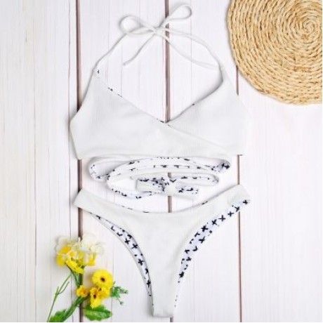 Halter Neck Backless Padded Criss-cross Strap Low Waist Women Bikini Set (MILK WHITE)