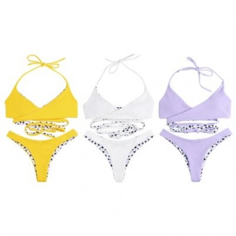 Halter Neck Backless Padded Criss-cross Strap Low Waist Women Bikini Set (MILK WHITE)