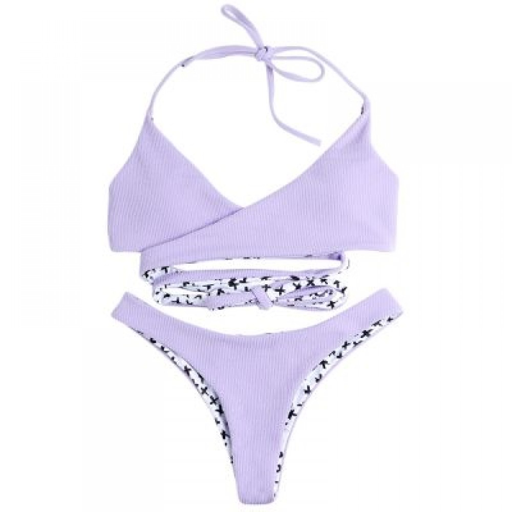 Halter Neck Backless Padded Criss-cross Strap Low Waist Women Bikini Set (LAVENDER BLUE)