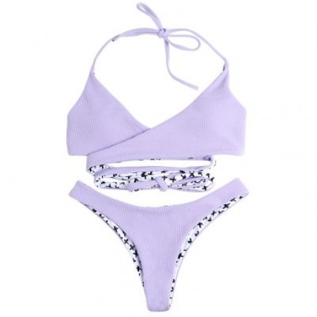 Halter Neck Backless Padded Criss-cross Strap Low Waist Women Bikini Set (LAVENDER BLUE)