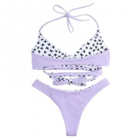 Halter Neck Backless Padded Criss-cross Strap Low Waist Women Bikini Set (LAVENDER BLUE)