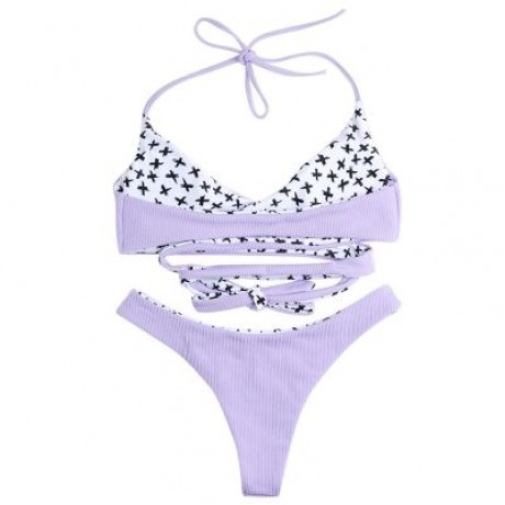 Halter Neck Backless Padded Criss-cross Strap Low Waist Women Bikini Set (LAVENDER BLUE)