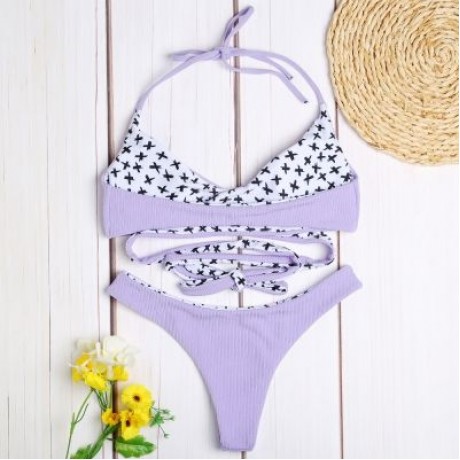 Halter Neck Backless Padded Criss-cross Strap Low Waist Women Bikini Set (LAVENDER BLUE)