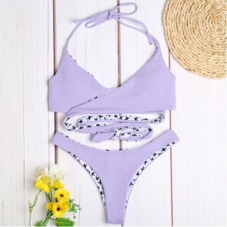 Halter Neck Backless Padded Criss-cross Strap Low Waist Women Bikini Set (LAVENDER BLUE)
