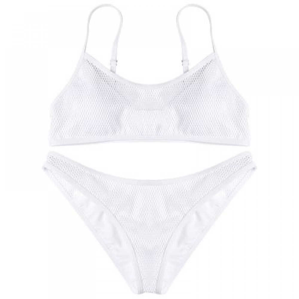 Spaghetti Strap Backless Padded Mesh Low Waist Women Bikini Set (MILK WHITE)