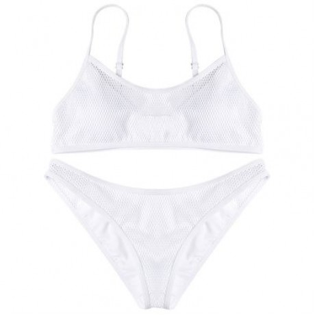 Spaghetti Strap Backless Padded Mesh Low Waist Women Bikini Set (MILK WHITE)