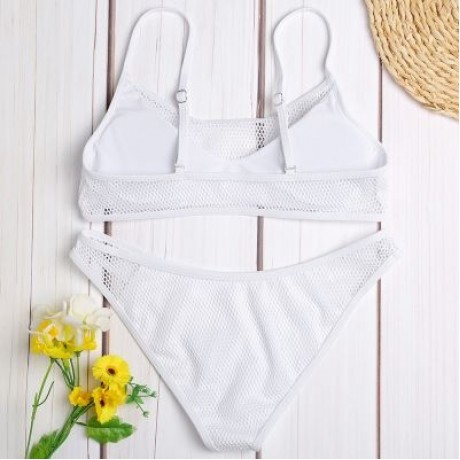 Spaghetti Strap Backless Padded Mesh Low Waist Women Bikini Set (MILK WHITE)