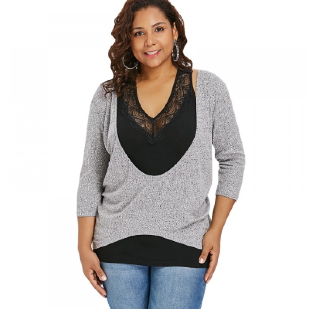 Plus Size Plunging T-shirt with Lace Trim Tank Top (LIGHT GRAY)