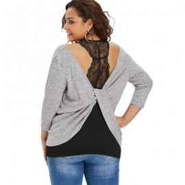 Plus Size Plunging T-shirt with Lace Trim Tank Top (LIGHT GRAY)