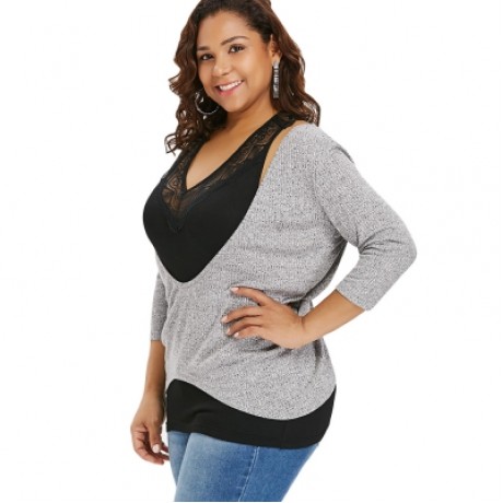 Plus Size Plunging T-shirt with Lace Trim Tank Top (LIGHT GRAY)