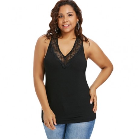 Plus Size Plunging T-shirt with Lace Trim Tank Top (LIGHT GRAY)
