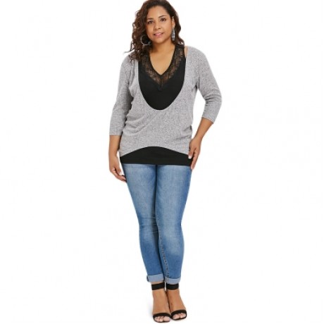 Plus Size Plunging T-shirt with Lace Trim Tank Top (LIGHT GRAY)