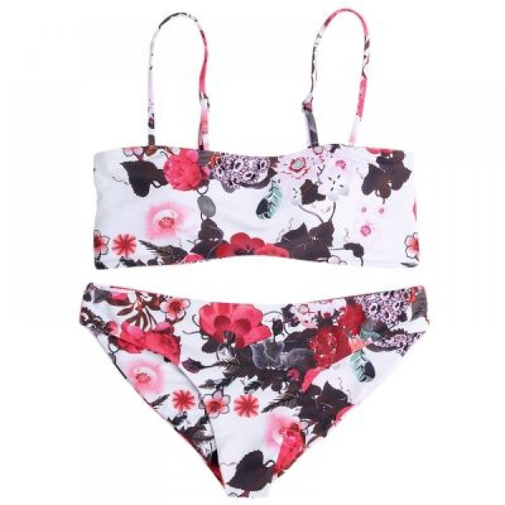 Spaghetti Strap Backless Padded Floral Print Low Waist Women Bikini Set (MILK WHITE)