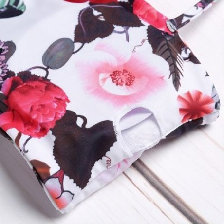 Spaghetti Strap Backless Padded Floral Print Low Waist Women Bikini Set (MILK WHITE)