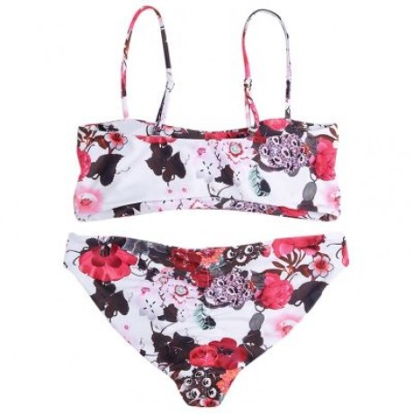 Spaghetti Strap Backless Padded Floral Print Low Waist Women Bikini Set (MILK WHITE)