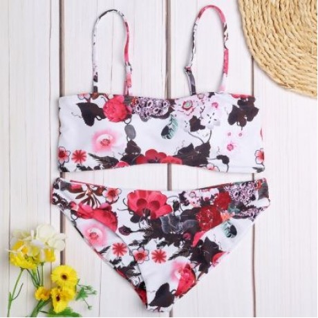 Spaghetti Strap Backless Padded Floral Print Low Waist Women Bikini Set (MILK WHITE)