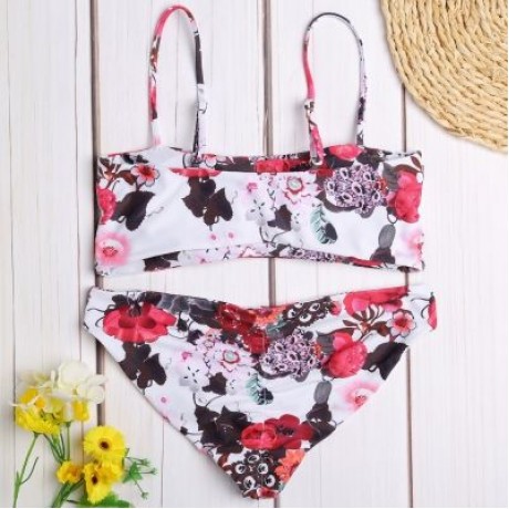 Spaghetti Strap Backless Padded Floral Print Low Waist Women Bikini Set (MILK WHITE)