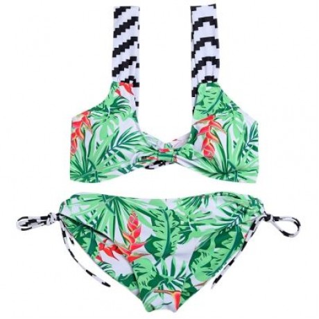Shoulder Strap Backless Padded Leaf Print Low Waist Two-piece Women Bikini Set (BLUE GREEN