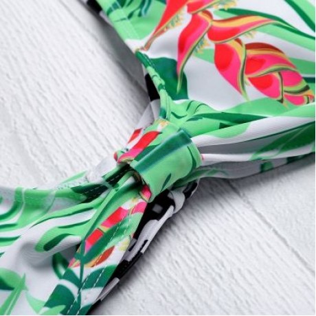 Shoulder Strap Backless Padded Leaf Print Low Waist Two-piece Women Bikini Set (BLUE GREEN